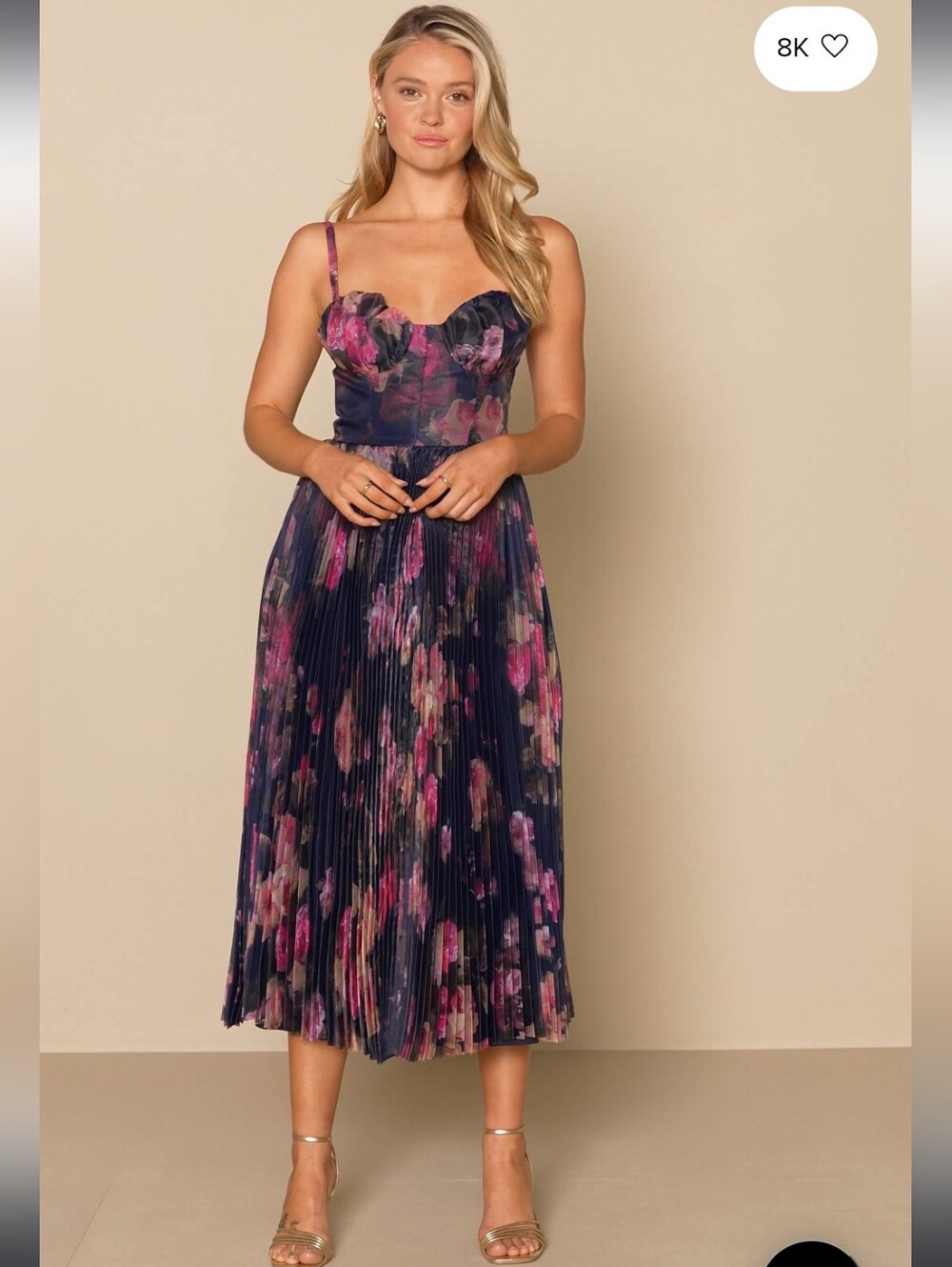 Lulus Alluring Invite Midnight Blue Floral Pleated Bustier Midi Dress